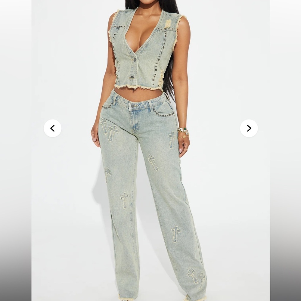 Women's Light Blue Jeans with Cross Embellishments and Jean vest set
